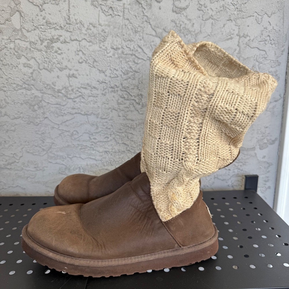 UGG Australia Cassidee Ankle Boots Womens 10 Brown Leather Beige Cable Knit Cuff
